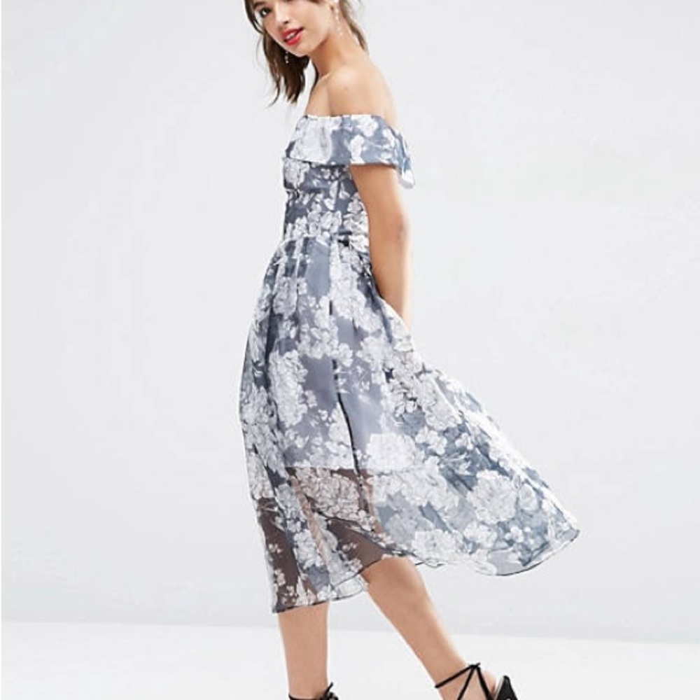 ASOS Navy Floral Bardot Organza Midi Dress
